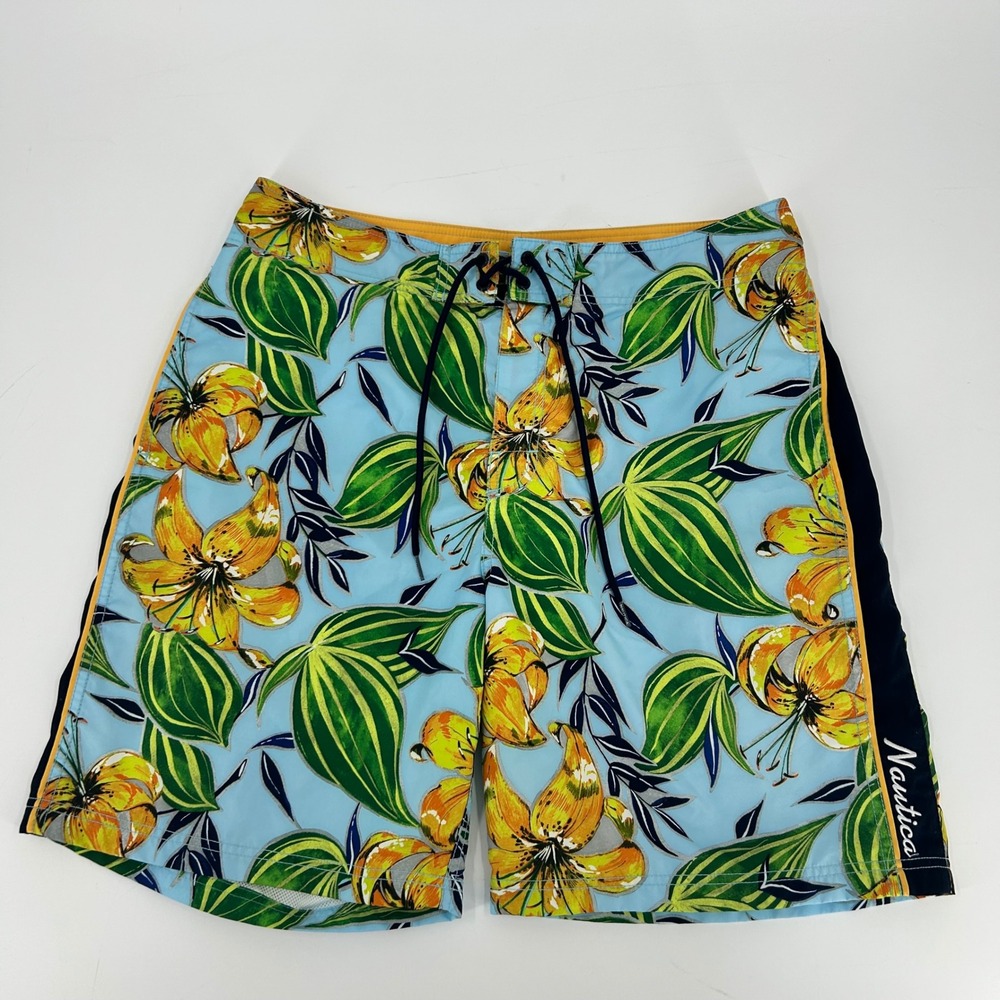 Nautica Mens Blue Tropical Lily Floral Print Board Shorts Swim Trunks Size 34W
